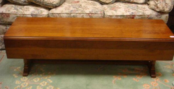 Leopold STICKLEY 2 Drawer Drop Leaf Coffee Table: LEOPOLD STICKLEY 2 Drawer Drop Leaf Coffee Table: Drawers on Either End of 48"L Table with 9" Drop Sides. Solid Cherry, dated 1962.