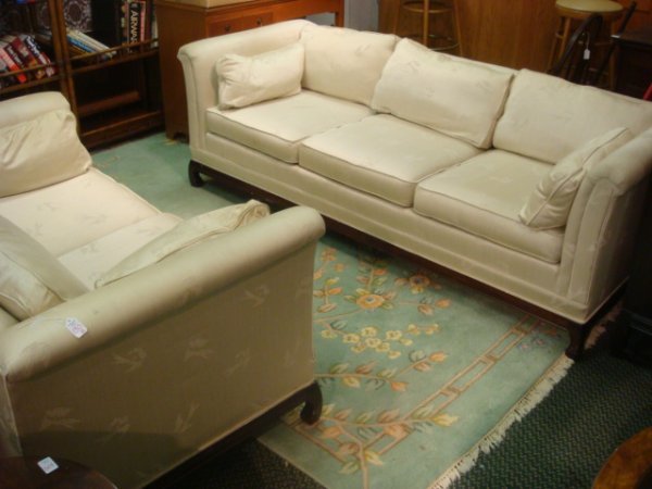 Living Room Ensemble, Sofa, Loveseat, 3 Tables:: Living Room Ensemble, Sofa, Loveseat, 3 Tables: Includes Cream Bird Embossed Satin Fabric on Triple Cushion and Double Cushion Sofas. Has Matching Smoke Glass 4 Section Coffee Table and 2 Oval End Tab