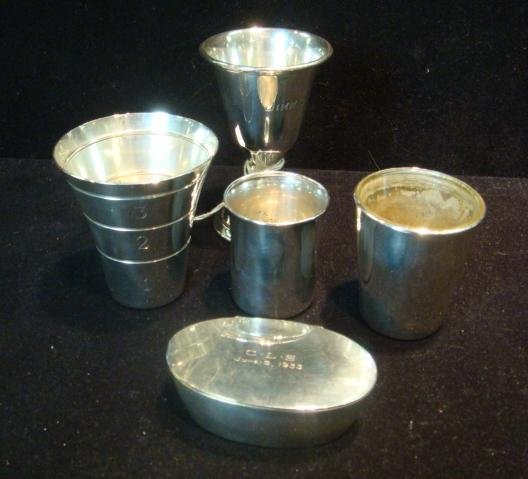 Sterling Silver Shot Glasses and Box:: Sterling Silver Shot Glasses and Box: 3 3/4"T Double Sided Manchester Silver Shot Glass, Engraved Jimmie/Jim. 3"T International Shot Glass. 2"T Lunt Shot Cup Engraved JSL. 2 1/4"T Silver Covered Glass