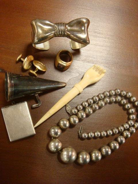 Sterling Silver Beads, Bracelet, Ivory, etc: Sterling Silver Beads, Bracelet, Ivory, etc: 18"L Graduated Add a Bead Sterling Necklace, Ivory Fist Sewing Tool, Mexican 925 Silver Bow Bracelet, 10KT Gold Filled Ring, Candle Snuffer and Engraved St