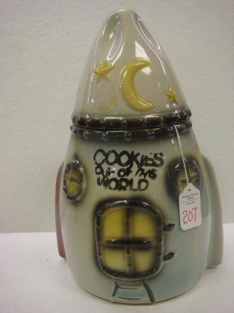 AMERICAN BISQUE CO Spaceship Cookie Jar: AMERICAN BISQUE CO Spaceship Cookie Jar: Cookies-Out-of-this-World on Front. 12 1/4"T. Raised USA on Back. Has Old Chip Repair at Side Rim.