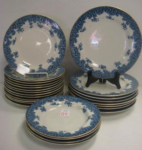 25 ROYAL WORCESTER Blue/White Plates and Bowls: 25 ROYAL WORCESTER Blue/White Plates and Bowls: Pattern W2279. RdNo68547. Navy Flowers on White Ground. Eight 9 1/4" Plates, Thirteen 8"D Plates and Four 8"D Soup Bowls. Sold from Davis, Collamore & C