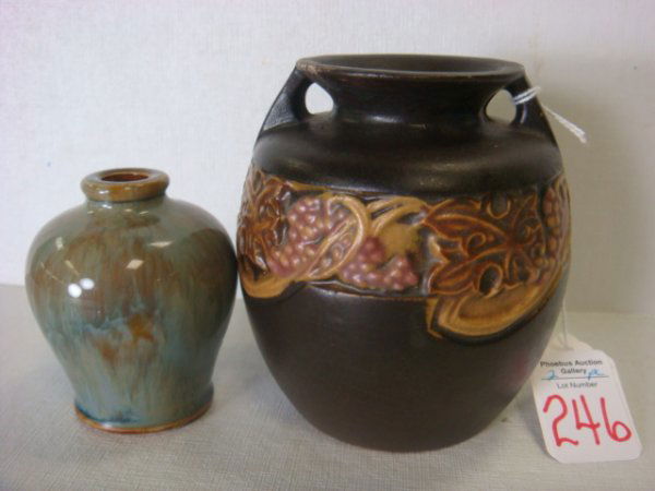 ROSEVILLE VINTAGE 1924 Vase, Royal Doulton Bottle: ROSEVILLE VINTAGE 1924 Vase, Royal Doulton Bottle: 4"T Vase has Faint Rv Ink Stamp. Old Repair on Rim. 3"T Clay Ink Bottle with Doulton Drip Glaze has Impressed Royal Doulton Mark on Bottom.