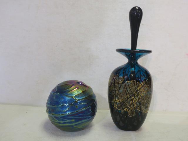 Art Glass Signed Paperweight and Perfume Bottle: "THE (1 of 6)