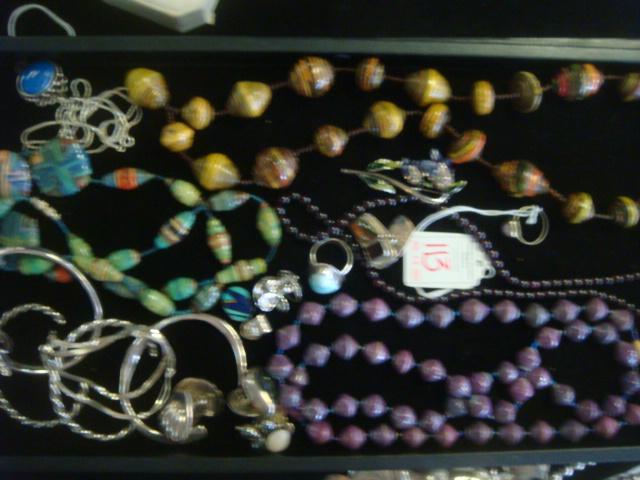 Assortment of Ladies Costume Jewelry: 4 Silver Cook: Assortment of Ladies Costume Jewelry: 4 Silver Cook Bracelets and 2 Sterling Chain Bracelets, Clip, Abalone, Silvertone, Tiger Eye and Sterling Earrings. Artist Signed Sterling Pendant, Sterling Rings