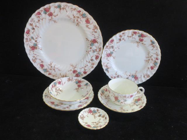 Vintage Minton Bone China "Ancestral" Set for 12:: Vintage Minton Bone China "Ancestral" Set for 12: Includes 12 Dinner Plates at 10 1/2"Dia, 12 Salad Plates 8"Dia., 12 Bread Plates 6 1/4" Dia. 4 Butter Pats, 2 Bowls, 5 1/4". All Excellent Condition. 