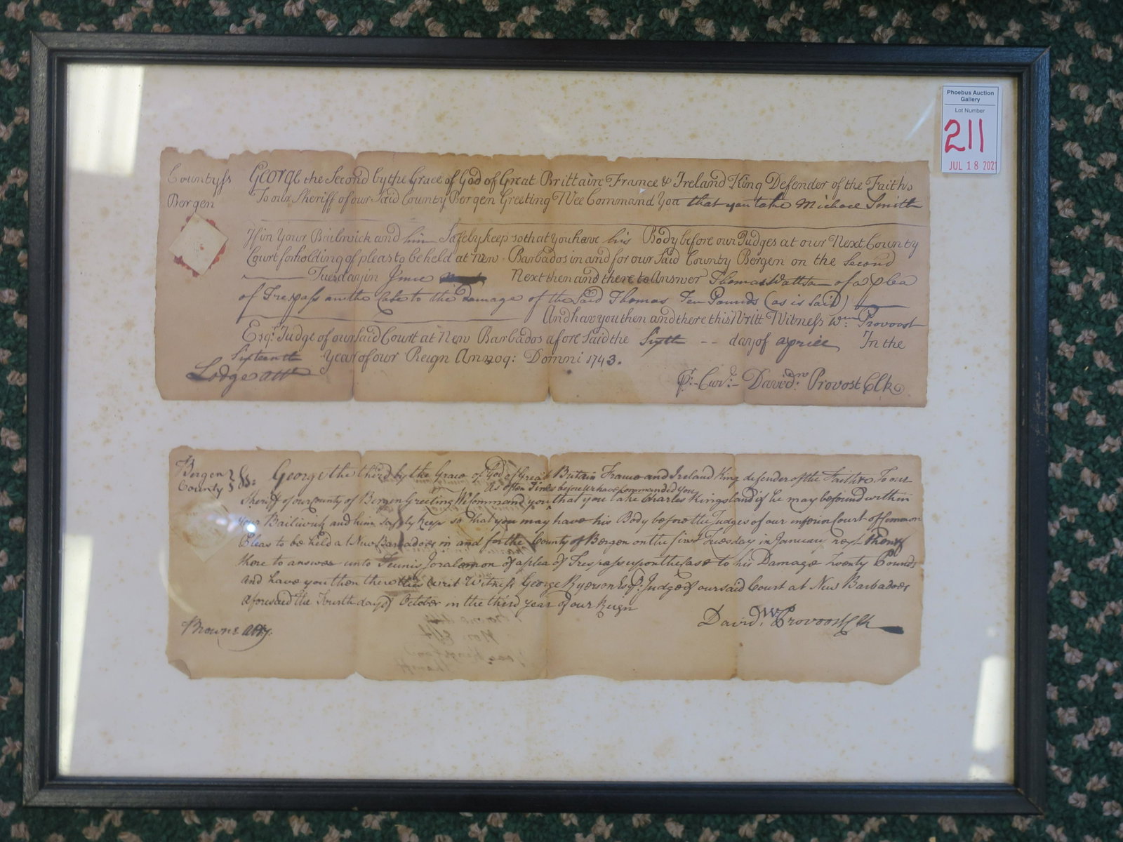 Warrants for Trespass Issued 1743 and 1763: Issued in: Warrants for Trespass Issued 1743 and 1763: Issued in the Name of George II and George III on New Barbados for Trespass or Interference with the Right to use your Property as You saw fit. Framed 12 1/