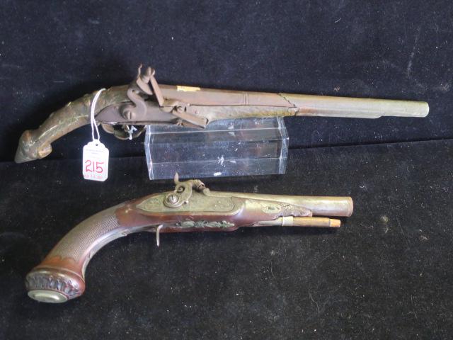 Pair of Antique Muzzle Loading Pistols: Ottoman: Pair of Antique Muzzle Loading Pistols: Ottoman Flintlock Cavalry Pistol, Heavily Engraved Cover over Wooden Stock with Skull Cracker Butt. Early 18th Century Percussion Pistol with Monster Hammer and