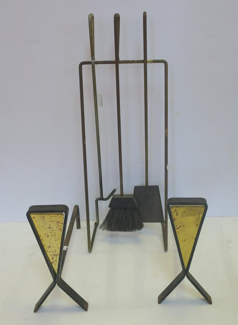 Rustic Brass & Iron Andirons and Fireplace Tools: Cast (1 of 3)