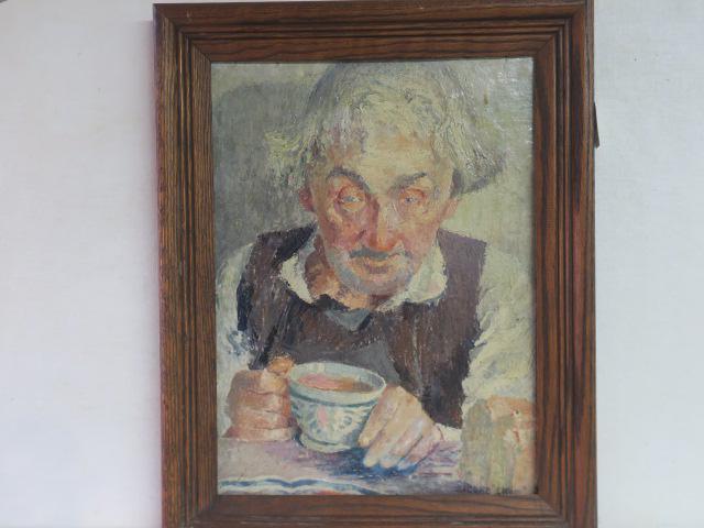 Signed SIGURD SKOU Portrait of Blind Man with Cider:: Signed SIGURD SKOU Portrait of Blind Man with Cider: Oil on Board Signed LR. Gray Haired Gent in Vest. Various Brush Strokes and Use of Pallet Knife Gives the Texture. 12" X 16" in 2" Wood Frame. Mino