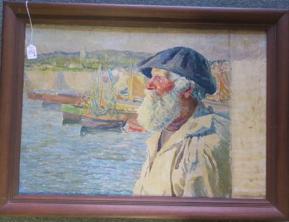 Oil on Board Old Man at Seaside: According to Skou's: Oil on Board Old Man at Seaside: According to Skou's Relative, This was His Last Work. Unsigned and Right Edge Seems to be Unfinished. Bearded Waterman Looks Out Over the Harbor. Artist Painted this M