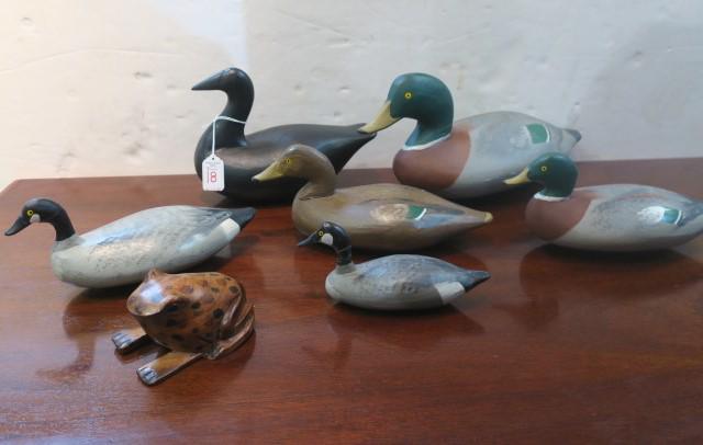 JIM CURRIER, Six Hand carved Decoy Style Ducks & Frog: (1 of 3)