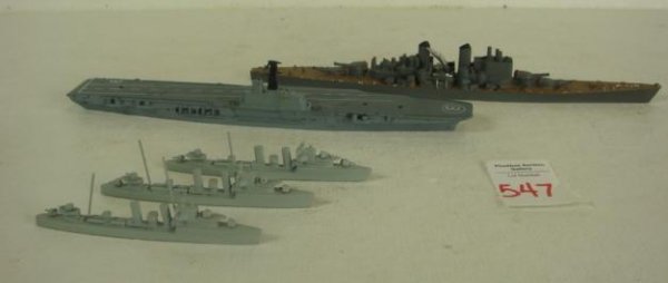 5 Waterline Lead Ship Models, BB, CV & 3 DDs:: 5 Waterline Lead Ship Models, BB, CV & 3 DDs: 1" to 100' Scale Models Include HMS Vanguard, Britain's Last Battleship, HMS Bulwark, British Aircraft Carrier and 3 British Destroyers HMS Beagle Class. 