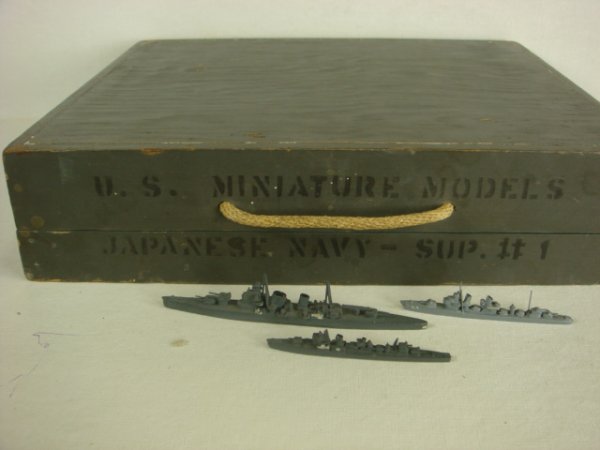 Navy Box for Naval ID Models with 3 Cast Ship Mode: Navy Box for Naval ID Models with 3 Cast Ship Models: "U.S. MINIATURE MODELS JAPANESE NAVY SUP #1" Grey Wood Box with Space for 8 Ship Models used in Identification Training. Three Japanese WWII Ship 