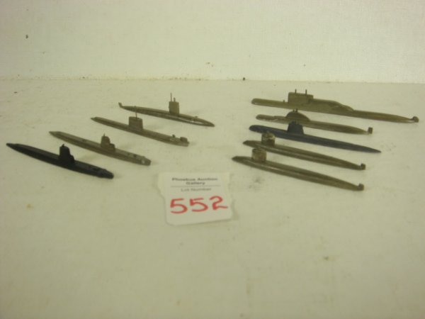 9 AUTHENTICAST Style Submarine Waterline Models:: 9 AUTHENTICAST Style Submarine Waterline Models: 1"=100' Scale Models Soviet Delta and Victor SSN, 2 x Thresher SSN, Fleet Snorkel, Guppy, Chopper, Nautilus, and French Arethuse SS. Very Good Conditio