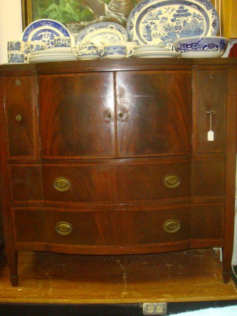 JAMES RIVER FURNITURE Mahogany Plantation Chest:: JAMES RIVER FURNITURE Mahogany Plantation Chest: 42" X 19" X 41"T. Has Both Genuine Mahogany and Historical James River Plantation Labels. 2 Door Top Cabinet Flanked By Deep File Drawer and Supply Dra