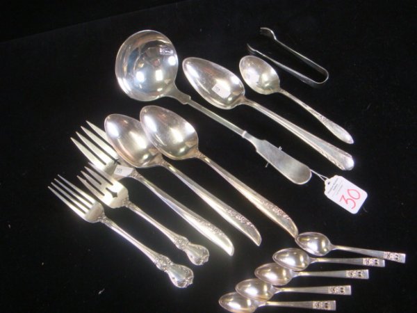 14 Assorted Sterling and Silver Plate Flatware:: 14 Assorted Sterling and Silver Plate Flatware: Sterling Includes Heirloom "Virginian" Sugar Spoon, Alvin "Maytime" Tablespoon, Towle "Old Master" Salad and Dinner Forks. Plate Includes 5 Demitasse Sp