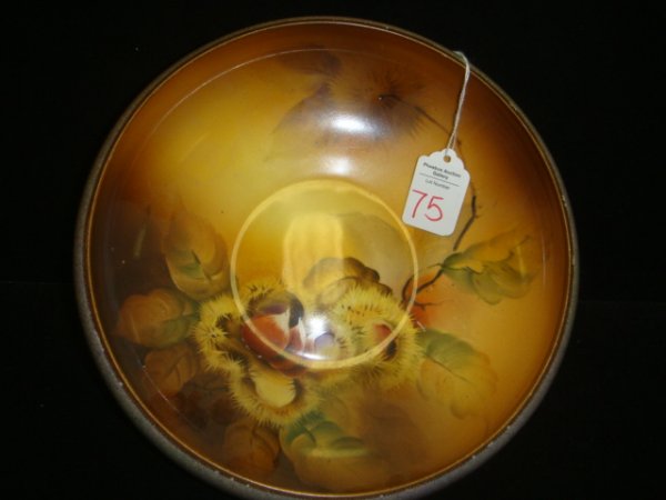 Hand Painted NORITAKE Chestnut Bowl:: Hand Painted NORITAKE Chestnut Bowl: 9"D Cupped Bowl with Handpainted Leaves and Chestnuts in Bowl. Tiny Moriage Dots on Rim Green M in Wreath Mark. (60-100)