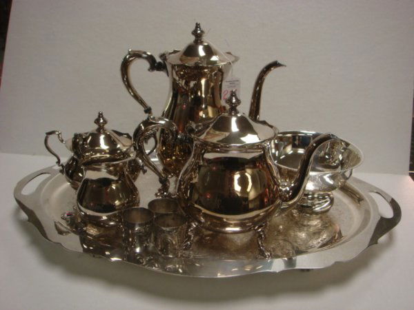 5 Piece POOLE EPCA Tea Set, Silver Plate Bowl, Sho: 5 Piece POOLE EPCA Tea Set, Silver Plate Bowl, Shots: Poole Set Includes Coffee and Tea Pots, Lidded Sugar, Creamer and Tray. 6 1/8"D Footed Silver-plate Bowl and Three 1 7/8"T Dragon Shot Glasses Mar