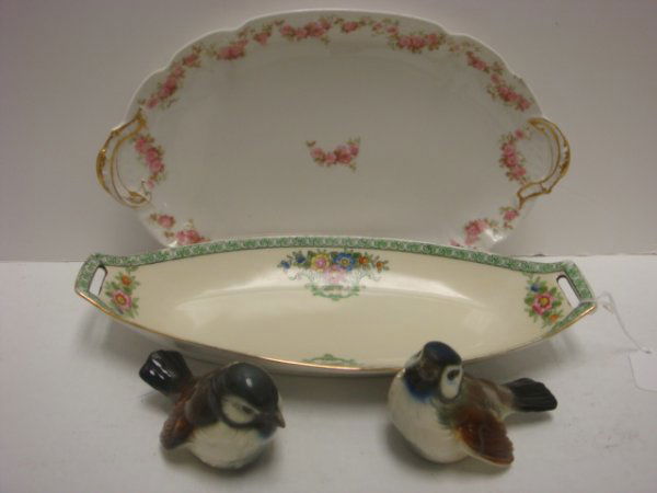 NORITAKE, GDA LIMOGES Trays and GOEBEL Birds: NORITAKE, GDA LIMOGES Trays and GOEBEL Birds: 12 1/4"L Handpainted Noritake Relish Tray with Open Handles, Green M in Wreath. 12 1/4"L GDA Limoges Tray with Pink Flower Transfer. Two 3"T Goebel Birds
