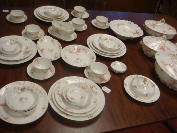 46 Pieces of GDA Limoges France Dinnerware:: 46 Pieces of GDA Limoges France Dinnerware: Includes 3-10" Dinner, Six-8 1/2" Luncheon and 4 Salad Plates, 7 Fruit Bowls, 7 Butter Pats, 7 Cups and Saucers, Sauce Bowl with Underplate (Rim Flake), 9" 