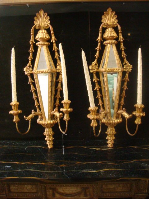 Pair of Double Arm PALLADIO Italian Carved Sconces: Pair of Double Arm PALLADIO Italian Carved Sconces: Palladio Lighting of Italy. 33"T X 17"W. C Arms Support Candles. Paneled Mirrors with Draped Garland From Acanthus Leaf Crest in Neoclassical Style.