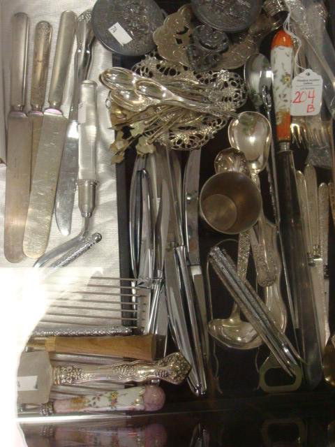 Lucite Handled Cake Breaker, Assorted Flatware: Lucite Handled Cake Breaker, Assorted Flatware: Stainless Cake Breaker has Clear Lucite Handle. 6 Carvel Hall Steak and 2 Paring Knives, Bottle Opener, Assorted Seafood Forks, Stieff Williamsburg Pewt