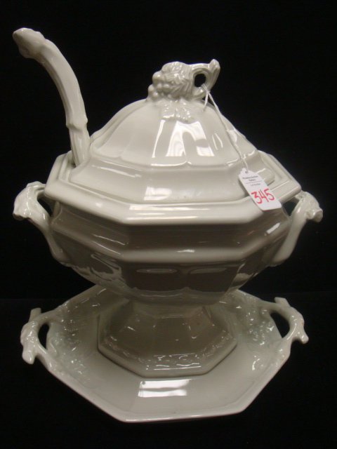 RED-CLIFF Ironstone Tureen with Ladle, Underplate:: RED-CLIFF Ironstone Tureen with Ladle, Underplate: 12"T Octagonal Double Handle Tureen Sits on 10 1/2" Octagonal Double Handled Underplate. Notched Lid with Grape Motif Handle. 12"L Ladle. (100-200)