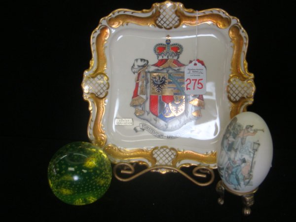 German Souvenir Plate, GIBSON Paperweight, Goose E: German Souvenir Plate, GIBSON Paperweight, Goose Egg: 9" Square Porcelain Plate with Steel Engraving (Echter Stahlstich) of Coat of Arms. Marked H Thorny Souvenirs. 2 1/2"T Gibson Vaseline Glass Contr