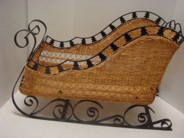 Wicker Holiday Sleigh: 28" X 22"T with Natural: Wicker Holiday Sleigh: 28" X 22"T with Natural Wicker Sides and Black Iron Frame. (40-80)
