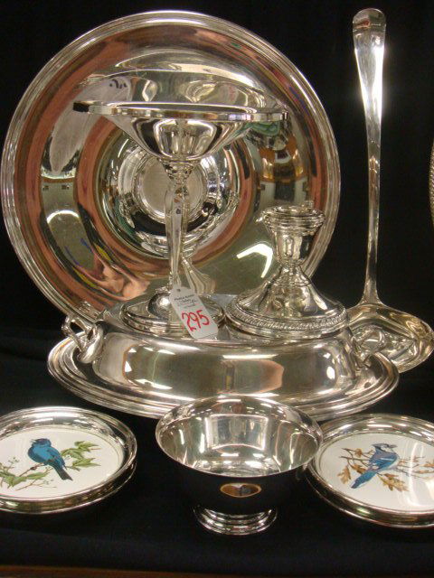 10 Piece Sterling/Plate Serving Pieces and Coaster: 10 Piece Sterling/Plate Serving Pieces and Coasters: 6 1/4"T Sterling Compote and 3 1/4"T Candlestick. 2 1/4"T Revere Reproduction Bowl, Rogers 12 1/2" Tray, Gorham 10 1/2" Oval Lidded Server, 13"L Pu