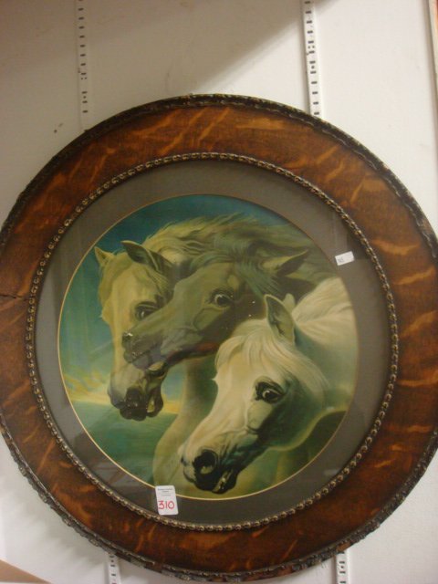 Round Pharaohs' Horses Framed Colored Print: Round Pharaohs' Horses Framed Colored Print: 23" Round Overall with 2" Matt and 3 1/2" Tiger Grained Oak Frame. Print Has Some Insect Damage. (40-80)