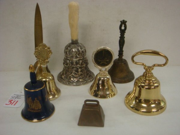 8 Collectible Hand Held Bells:: 8 Collectible Hand Held Bells: 5 1/2"T Pewter Bell with Ivory Handle, 3"T Blue Porcelain Bell Trimmed in 18K Gold. 4 Brass Bells, One with Letter Opener Handle. Kings Dominion Bell and 1 1/4"T Miniatu