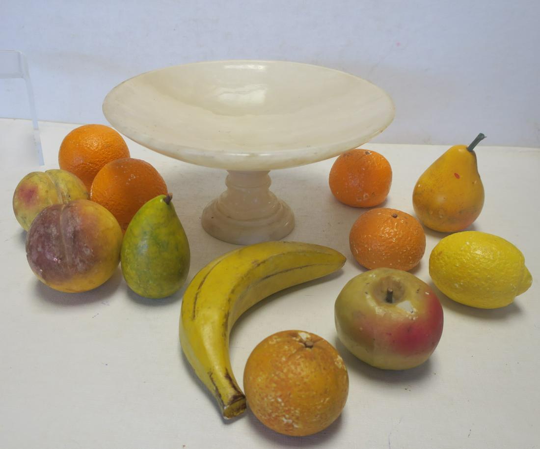 Alabaster Pedestal Bowl with 12 Pcs of Stone Fruit: (1 of 3)