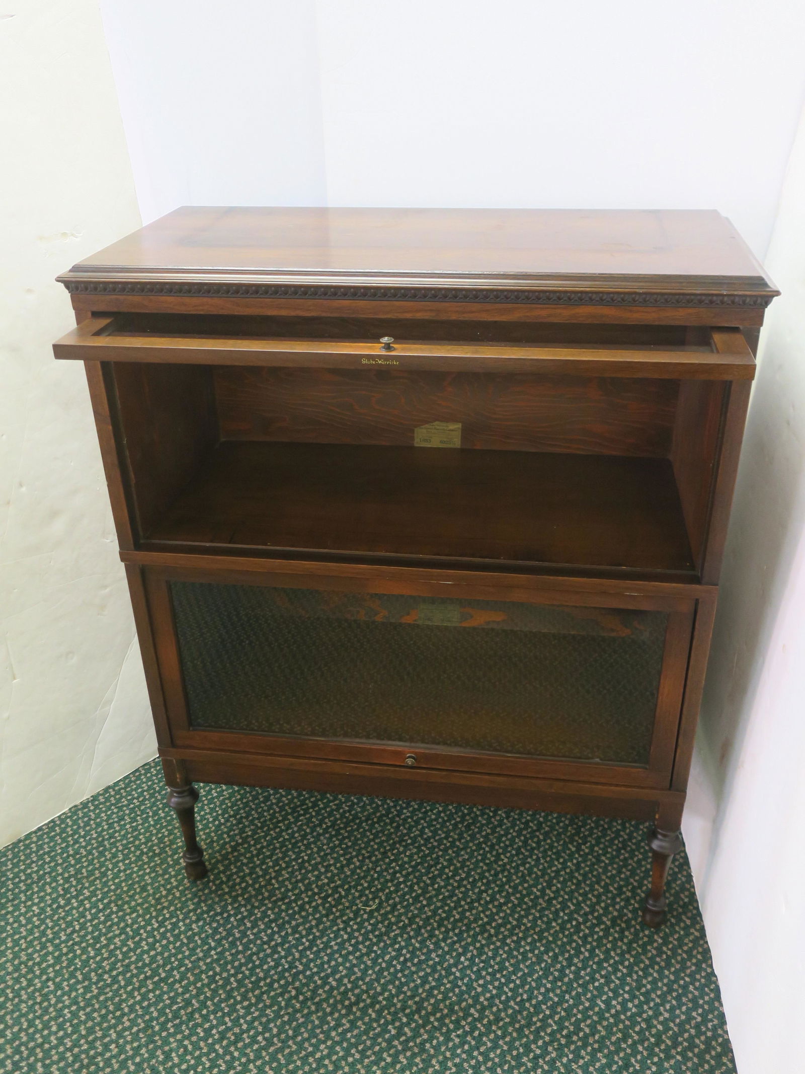 GLOBE-WARNIKE Barrister Style Double Record Cabinet:: GLOBE-WARNIKE Barrister Style Double Record Cabinet: Sectional Record Cabinet holds 13" Tall Records or Books, Made in Cincinnati, Ohio. 45" x 54" X 17", Very Good Condition. (300-750)