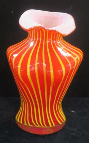 Orange and Yellow Cased Glass Female Tuxedo Vase:: Orange and Yellow Cased Glass Female Tuxedo Vase: Vertical Stripes with White interior, 10" x 6" x 5" of Our "Turtleneck Sweater Girl" Vase. (100-300)