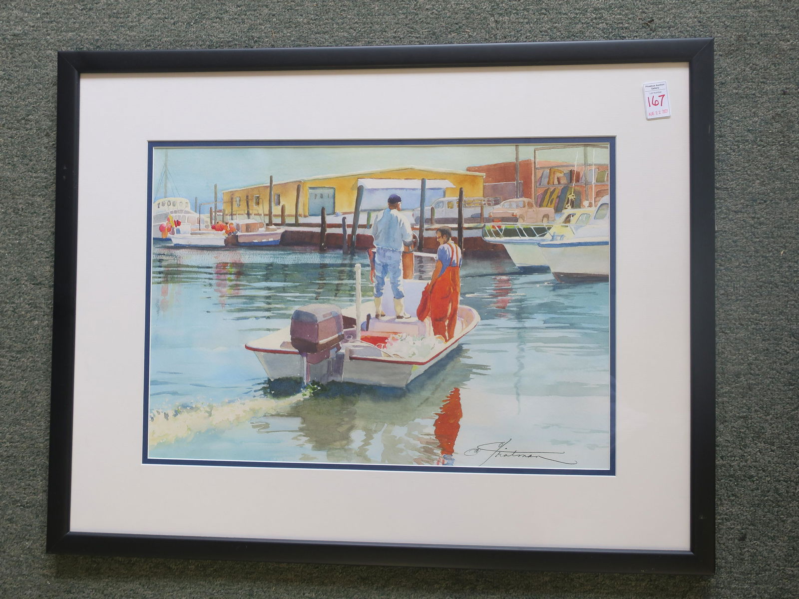 Artist Signed Boaters at Marina, Watercolor: (1 of 3)