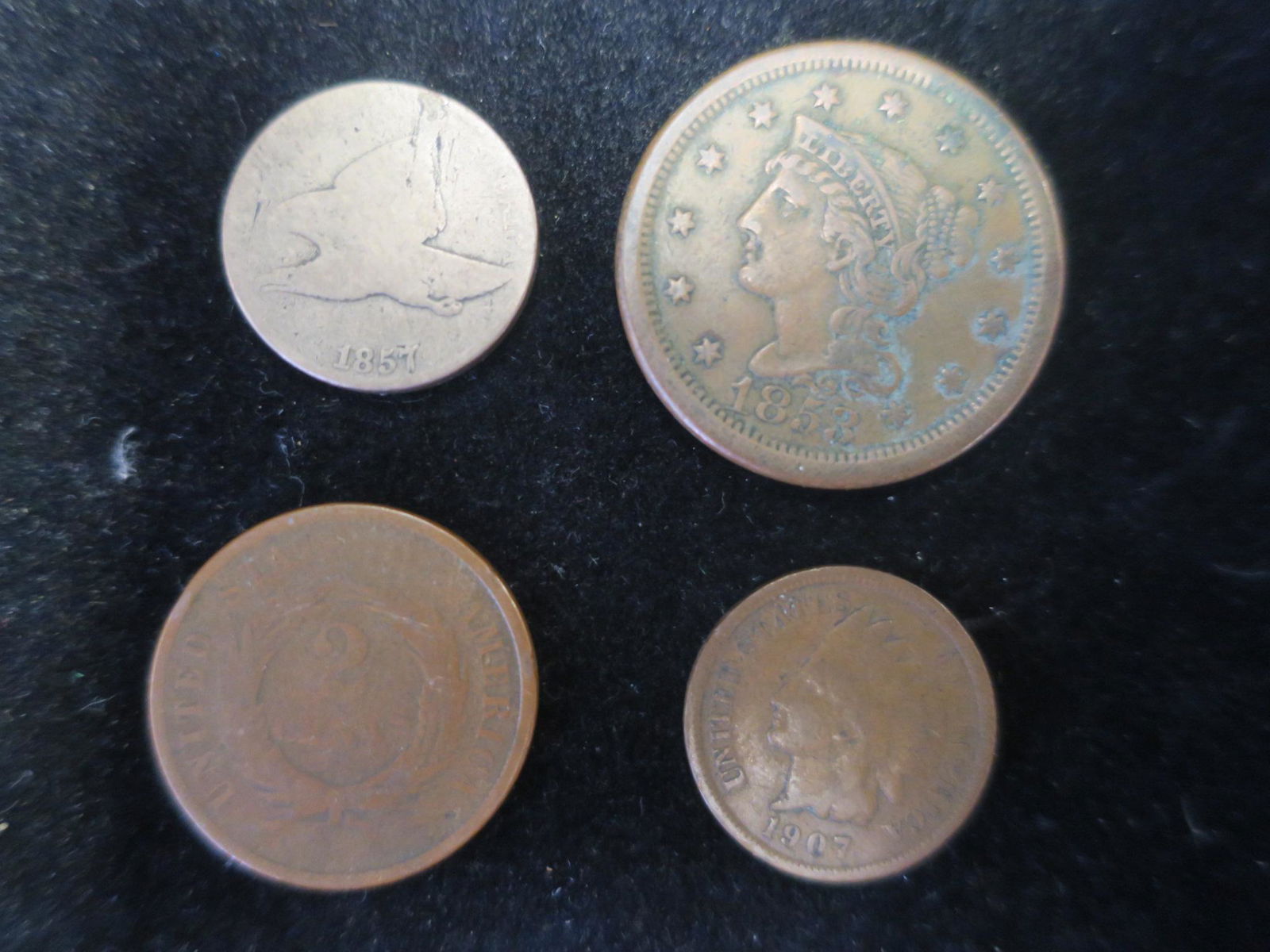 Four Antique US Coins,; Pennies and a Two Cent Coin: (1 of 2)