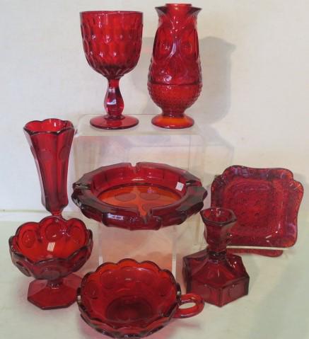 Eight Pieces of Ruby Red Glassware Including FOSTORIA:: Eight Pieces of Ruby Red Glassware Including FOSTORIA: Fostoria "Coin" Includes 5 1/4" Nappy, 8"T Vase, 4 1/2"T Candlestick, 3 3/4"T Sherbet and 8"D Ashtray. 5 3/4" Square "Daisy & Button" Ashtray. Vi