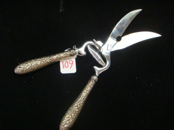 KIRK-STEIFF Sterling Silver Handled Poultry Shears: KIRK-STEIFF Sterling Silver Handled Poultry Shears: 11 1/2"L. Repousse Pattern. Blade in Good Condition. Date of Issue 1828. (150-250)