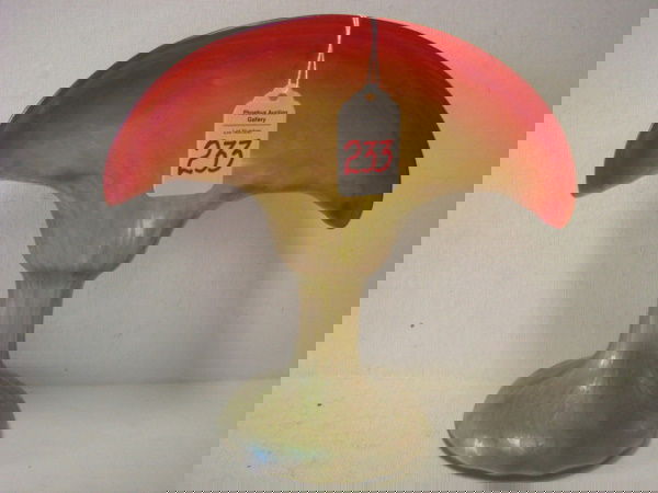 Unmarked LOETZ Fan Vase: Unmarked LOETZ Fan Vase: 8"T Vase has Raspberry Folded Rim with Yellow/Green Ribbed Stem and Foot. Iridescent Oil Spot Green on Gold Base and Stem Shading to Unusual Red Satin Finished Rim.1890-1910 (