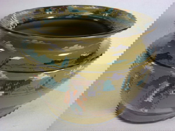 BUFFALO POTTERY Deldare Ware Signed, Jardiniare: BUFFALO POTTERY Deldare Ware Signed, Jardiniare: 6"T, 8"D Pot has Green Ground with Hand painted "Ye Village Street" with Figures and Buildings. Signed A Holland. Mark on Bottom Made at Ye Buffalo Pot