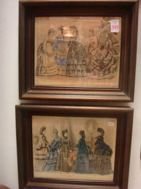2 Framed Peterson's Magazine 19thC Fashion Prints:: 2 Framed Peterson's Magazine 19thC Fashion Prints: American Fashion and Fiction Magazine. 8 1/2" X 10 1/2" Opening in 2" Deep Walnut Shadowbox Frames. Prints Have Fading, Fold and Tear. (100-120)