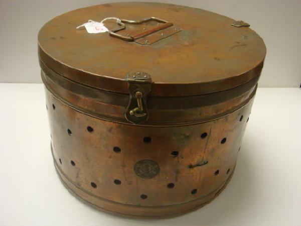 Copper Herb Sensor/Dryer or Sterilizer: Copper Herb Sensor/Dryer or Sterilizer: 14"D X 9"T Cylindrical Base with Hinged Lid and Pierced Sides. Bale Handle. (80-160)