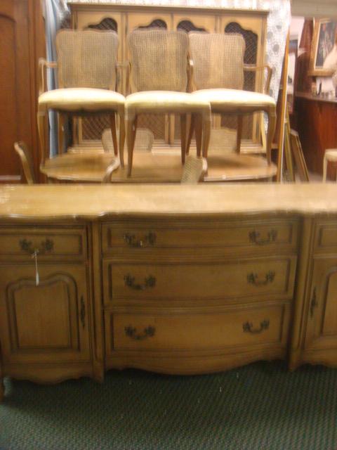 12 Piece R-WAY Provincial Dining Room Set: 12 Piece R-WAY Provincial Dining Room Set: In Business 1916-1949. 6'W 5 Drawer Buffet, 64" X 40" Dining Table, 6 Side and 2 Arm Cane Back Chairs, Wire Door 6'3" X 6'W China, Two Tiered Drop Leaf Serve