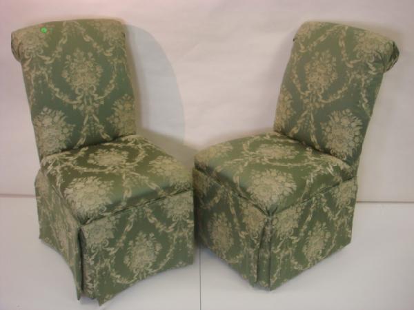 Pair of Brocade Upholstered Slipper Chairs:: Pair of Brocade Upholstered Slipper Chairs: Boudoir Chairs Have Box Pleated Skirt, Rolled Back, Upholstered Legs. 36"T at Back, 17"T at Seat. (100-200)