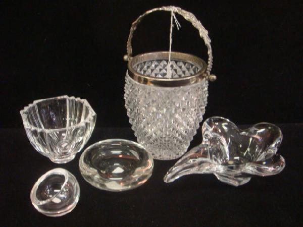 Crystal Ice Bucket and 4 Signed Glass Pieces: Crystal Ice Bucket and 4 Signed Glass Pieces: 5 1/2"T Diamond Pattern Ice Bucket with Silverplate Collar and Swing Handle. 2"T Orrifers Slant Top Salt Dip. 4"D Holmegaard 1952 Bowl. 8" Bayel Cristal H