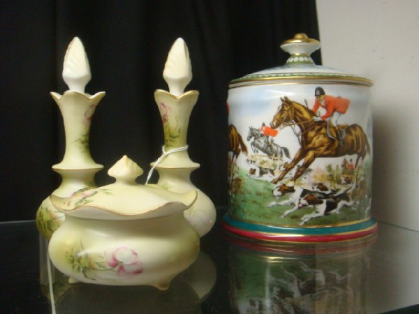 Handpainted NIPPON Dresser Set, Limoges Tobacco Ja: Handpainted NIPPON Dresser Set, Limoges Tobacco Jar: 2 Perfumes and Powder Jar with Green Mark. 8" Jar with Fox Hunt Theme. (80-110)