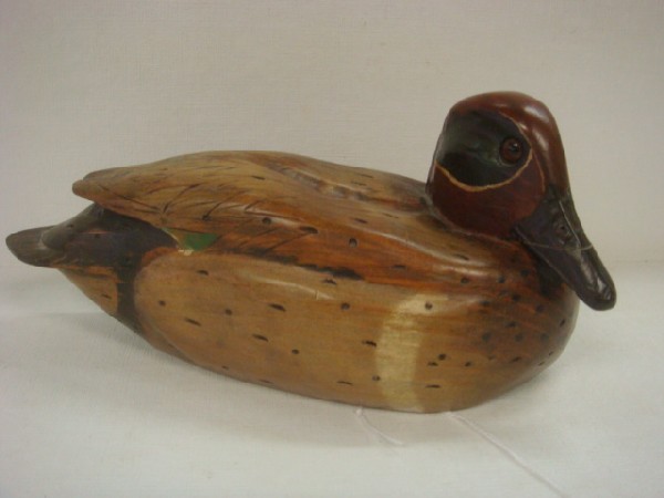 MIKE TAETSCH Carved & Painted Duck Hen Decoy:: MIKE TAETSCH Carved & Painted Duck Hen Decoy: 8 1/2" Long with Glass Eyes. From Wild Life Wood Carving, Iron River, MI. (50-100)