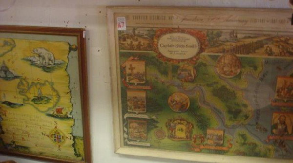 Colored Litho Jamestown Map, WWII Presentation Pie: Colored Litho Jamestown Map, WWII Presentation Piece: 1957 Jamestown Festival Souvenir Map is 23" X 18" Overall by RB Starr. Crossing of Arctic Circle Certificate Done in 1944 is 18" X 15". (30-50)